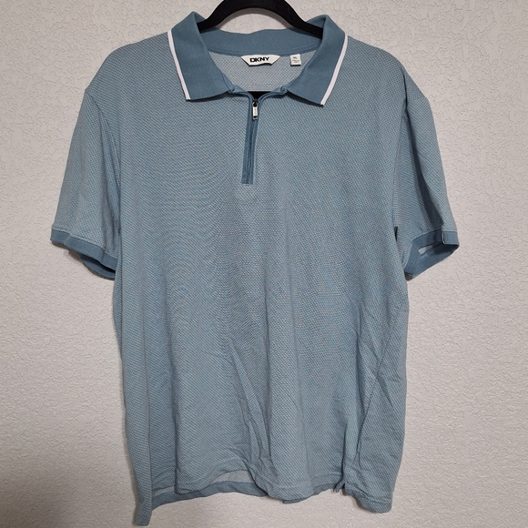 DKNY Men's Textured Quarter-Zip Polo Shirt Blue Size XL Short Sleeve - Picture 2 of 5